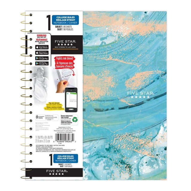 Five Star® Fashion Metallic Gold 1 Subject Notebook with 80 college ruled, ink bleed resistant sheets, featuring a blue and peach abstract painted plastic front cover, spiral lock wire binding, reinforced storage pockets, and 11 by 8.5 inch sheet size.