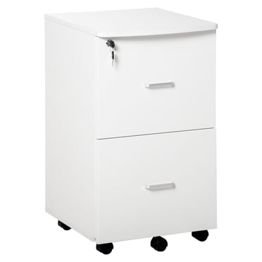 Vinsetto Classeur Mobile à 2 Tiroirs avec Serrure, Armoire de Bureau en Bois avec Roulettes Verrouillables pour Formats Lettre et A4, Blanc