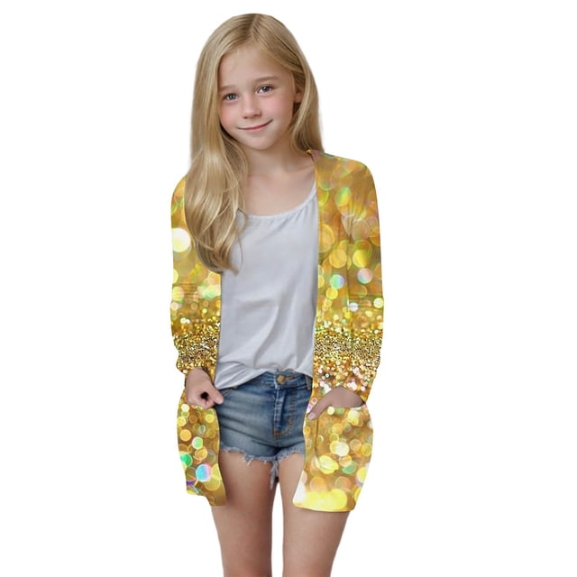 MKOSPLRT Cardigan Sweaters for Girl Boy 5-14Y Open Front Long Sleeve Saprkly Cardigans Funny Sequined Print Jacket with Pokcet