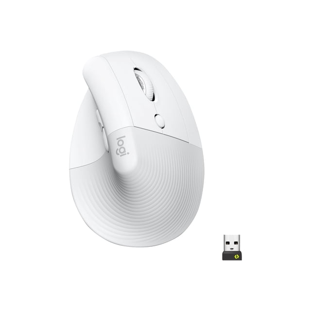 Logitech Lift Vertical Ergonomic Mouse in off-white, featuring a vertical design with six buttons, a soft rubber grip, and a cozy thumb rest. The mouse promotes a natural 57-degree wrist posture for comfort and productivity. Includes Bluetooth and 2.4 GHz wireless connectivity with a Logi Bolt USB receiver. Suitable for small to medium hands and compatible with multiple operating systems. Comes with an AA battery and offers up to 2 years of battery life.