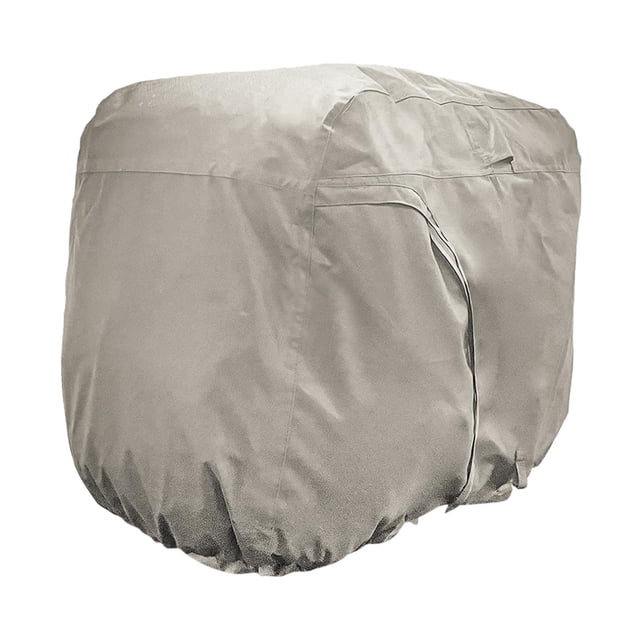 2-Passenger Golf Cart Cover in khaki color, made of durable 210D oxford cloth with a PU water-resistant layer. Designed to fit golf carts measuring 108x48x66 inches, it features a zipper closure for easy installation, an elastic bottom hem cord, and a quick-release buckle strap to prevent displacement. Provides protection against rain, dust, snow, and scratches, with double water seam sealing tape for enhanced weather resistance.