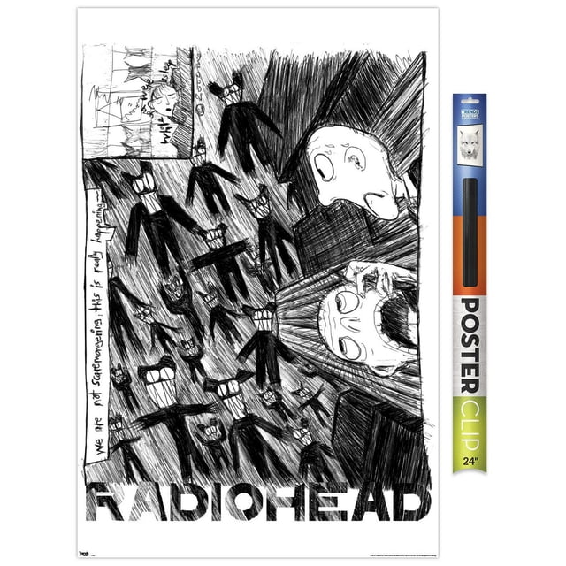 Radiohead - Affiche Murale à Gribouillis, 14,725 Po x 22,375 Po Encadrée Présentant une Croquis Noir et Blanc de figures Humanoïdes Abstraites avec des Visages Souriants et des Lunettes Entourant Deux Grandes Têtes, l'Une Criant et l'Autre Observant, avec Texte Écrit à la Main et le logo Radiohead au Bas, Idéale pour l'Art Mural Moderne et la Déco d'Affiche Encadrée.