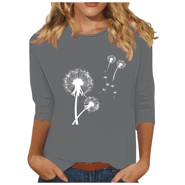 Plebaso Hauts pour Femmes Manches 3/4 Chemises Décontractées Imprimées Tunique à Col Ras du Cou Hauts Chandails Blouses pour Femmes