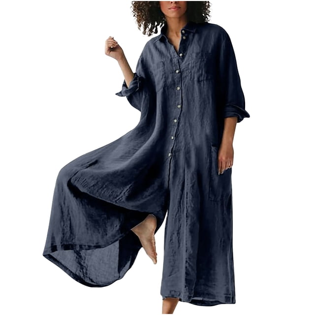 RKSTN Jumpsuits for Women Summer Casual Solid Color Cotton Linen Long Playsuit Zipper Short Sleeve Rompers