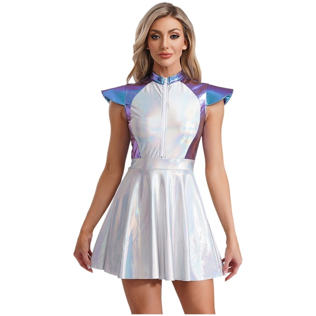 iiniim Costume de Femme Extraterrestre Pailleté Astronaute Robot Cosplay Tenue Évasée Mini Robes Bleues TTG