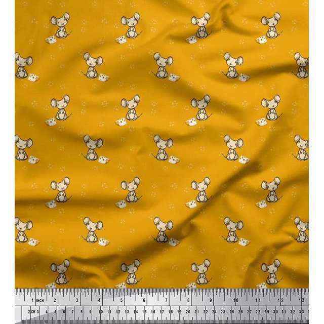 Soimoi Rayon Fabric Footprint,Cheese & Rat Kids Decor Fabric Printed Yard 56 Inch Wide
