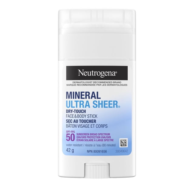 Neutrogena Mineral Ultra Sheer Dry-Touch Face & Body Stick SPF 50 in a white twist-up container with blue and black label text highlighting broad spectrum mineral sunscreen with zinc oxide, water resistant for 80 minutes, providing sun protection for face and body, weighing 42 grams.
