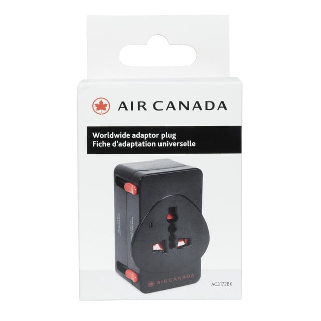 Air Canada Worldwide Adaptor Plug Type-A in retail packaging, featuring a compact black travel adaptor with red slider buttons and a universal socket face, designed for use with appliances up to 1500 watts in Canada, the US, Europe, and the UK, including a safety lock and surge protector.
