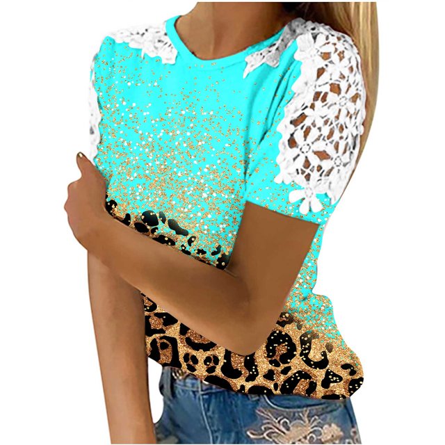 Birdeem Womens Fashion Summer Round Neck Leisure Short Sleeve Printed Lace Stitching Tops