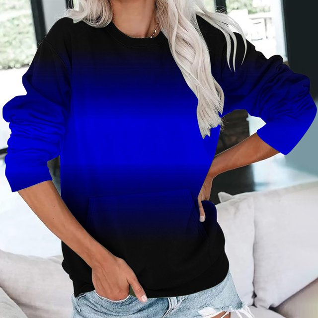 Frostluinai Chandail pour Femmes à Col Rond à Manches Longues, Chandail de Détente Tendance à Dégradé, Tuniques Légères, Chandails Molletonnés Légers avec Poche