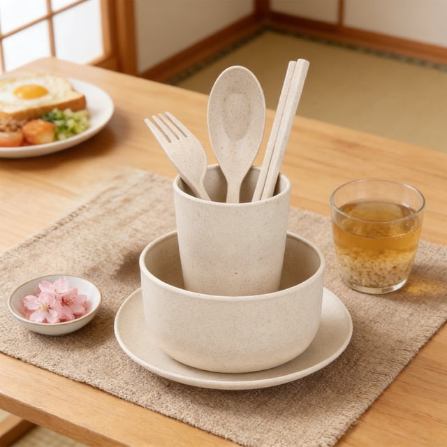 SSZMDLB Wheat Straw Tableware Set, 6-Piece Portable Reusable Dishware Kit, Bowls Plates Cups with Knife Fork Spoon Chopsticks, Eco-Friendly Picnic Camping Travel Dining Essentials, Plastic Dinnerware
