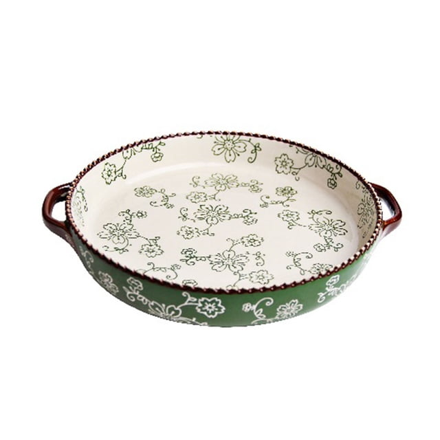 Double-Handled Round Baking Pan Hand-Painted Cherry Blossoms Beaded Edge for Baking Desserts Pizza