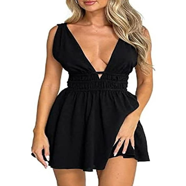 Robe Courte Dos Nu à Imprimé Floral pour Femme Boho Cottagecore Vintage à Col en V Robes Sans Manches à Volants Courte Robe d'Été