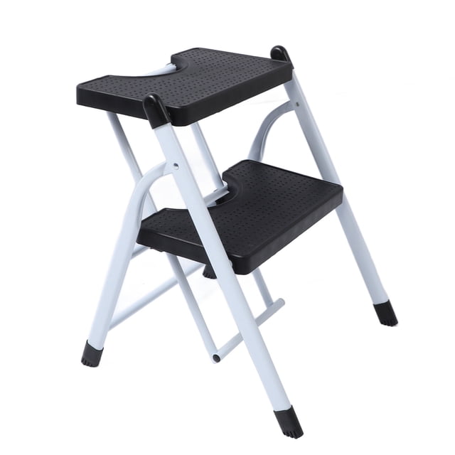 2 Step Ladder, Safe Folding Step Stool for Kitchen made of high gloss white paint and high-density engineering plastic. Lightweight design with two black non-slip pattern platforms for stability and security, featuring rubber-capped legs to prevent floor scratches.