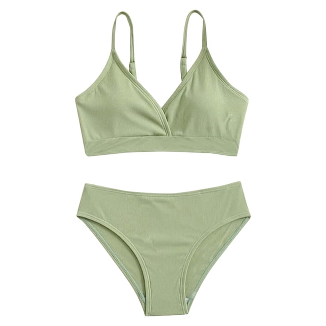 MIASHUI Girls Swimsuit Bikini Set Bathing Suits Two Piece Solid Color Swimwear Bathing Suit in green, designed for girls aged 12-14 years. The set includes a v-neck top with adjustable shoulder straps and elastic waist bottoms, made from lightweight, breathable, and stretchable fabric for comfort. Suitable for occasions like swimming, beachwear, vacations, and pool parties.