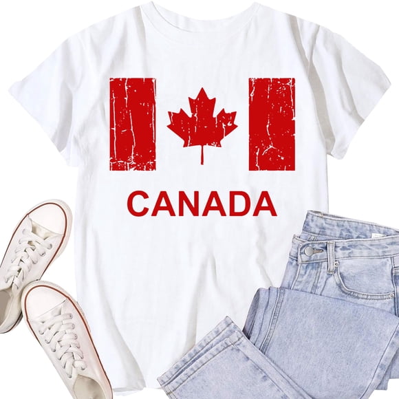 Fgnfyis T Shirts for Women Canada Day Graphic T Shirt Comfortable Casual Short Sleeve Round Neck Tee Top for Everyday Wear Womens Tops White_003 L