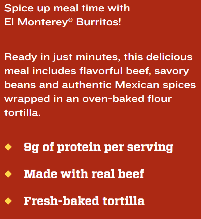 El Monterey Beef & Bean Frozen Burrito 113g, Beef & Bean Burrito
