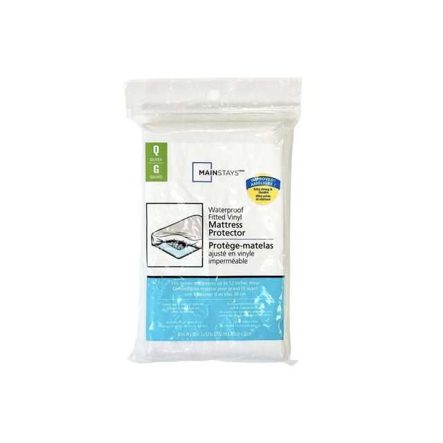Mainstays Protège-Matelas en Vinyle Ajusté Format Grand Lit en Emballage Transparent avec Étiquette Blanche et Bleue, Housse de Matelas Imperméable Convient aux Matelas jusqu'à 12 Pouces de Profondeur, Protège le Dessus et les Côtés contre les Déversements et les Taches, s'Essuie Facilement, Idéal pour Prolonger la Durée de Vie du Matelas.