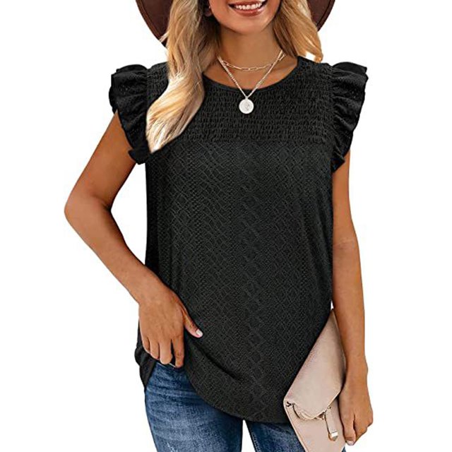 Meichang Débardeurs pour Femmes Chemises Brodées à Oeillets Blouses Tendance à Manches Courtes pour Femmes 2024 Tenue Décontractée de Printemps Col Ras du Cou Chemise Basique