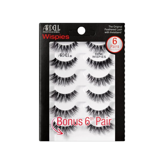 Ardell Multipack Demi Wispies - 6 Paires de Faux Cils Noirs avec invisiband Transparent, Présentant des Fibres Mi-Longues Naturellement Bouclées, Arrangées dans un Emballage de Vente au Détail Incluant une Sixième Paire bonus, Idéal pour Créer un Style de Cils Voluptueux et Plumeux Qui Rehausse la Forme des Yeux avec un volume Subtil.