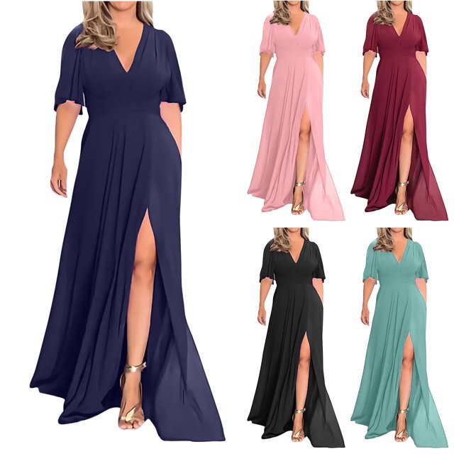 Gspmoly Robes d'Été pour Femmes, Robe Longue en Mousseline à Manches Mi-Longues Fendue à Col en V au Style Élégant pour Femmes, Robes Habillées pour Femmes Économies