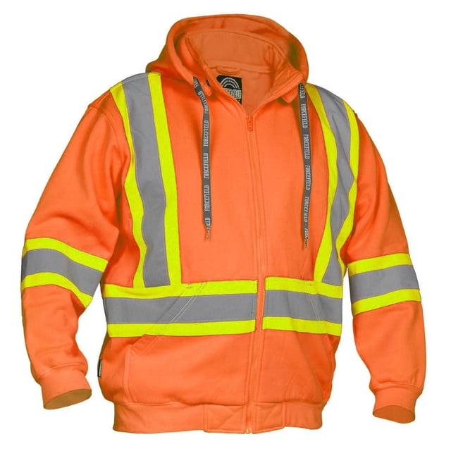 Forcefield Force Field Hi-Visibility Safety Detachable Hoodie in bright orange with reflective yellow and grey stripes on chest, sleeves, and waist. Features full-length heavy-duty front zipper, rib-knit cuffs, front kangaroo pocket, and detachable snap-off double-layer hood with branded drawstrings. Made of 100% polyester fleece-smooth knit with nap interior, suitable for high-visibility workwear jackets and vests.