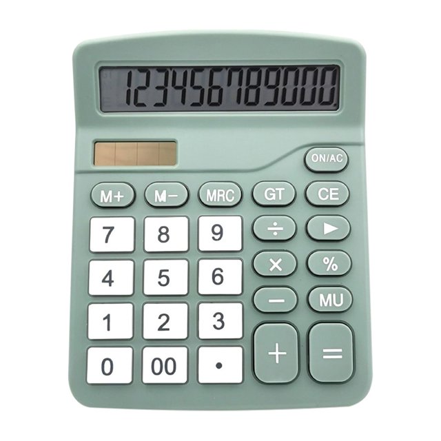Desk Calculator Large Display Calculator with a 12-digit large LCD display, dual-power functionality, and a green rubber plastic body. Features include large, sensitive buttons for easy input, solar and battery power options, and multiple functions such as addition, subtraction, multiplication, division, percentage, and memory recall. Suitable for students, kids, and office use. Dimensions: 14.8x12x4.8cm.