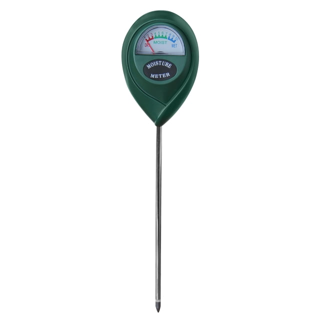 Expert Gardener Soil Moisture Meter with analog needle display, green plastic teardrop-shaped body, and long metal probe for soil water monitoring. The dial shows dry (red), moist (green), and wet (blue) levels, with the needle pointing to dry. Suitable for indoor and outdoor plant care.