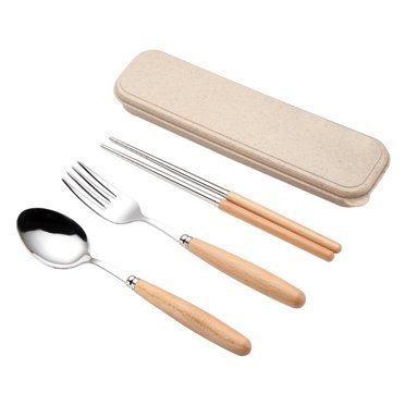 Ensemble de Couverts en Acier Inoxydable 3 Pcs avec Manche en Hêtre Incluant Fourchette Cuillère Baguettes