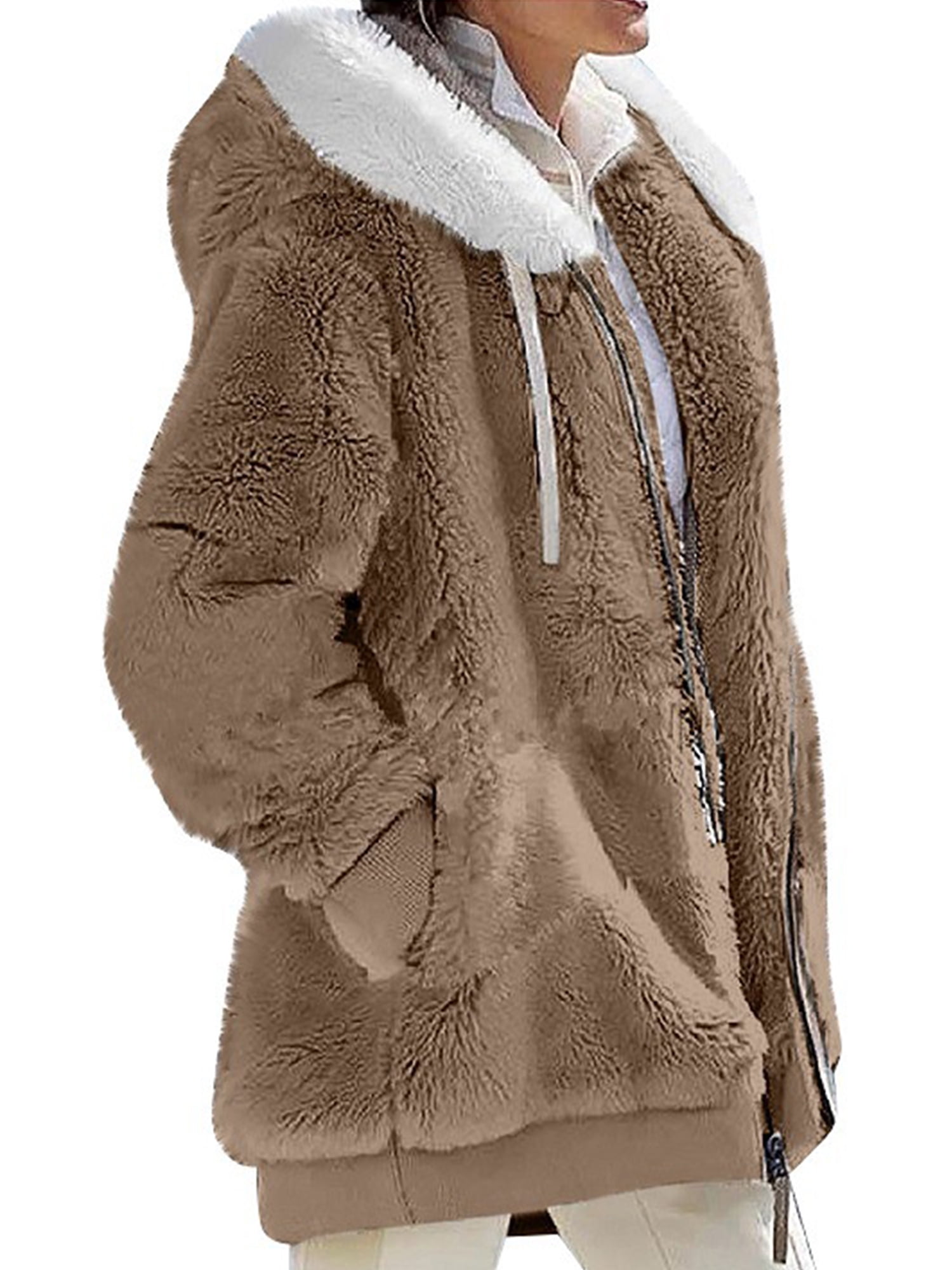 MAWCLOS Ladies Thickened Solid Color Hooded Cardigan Winter With Pockets Sherpa Coat Khaki 5XL