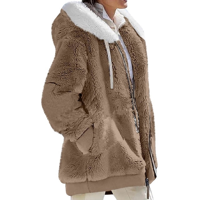 MAWCLOS Ladies Thickened Solid Color Hooded Cardigan Winter With Pockets Sherpa Coat Khaki S