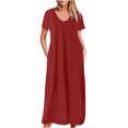 thumbnail image 1 of AherBiu Robe T-Shirt Longue Grande Taille pour Femmes à Manches Courtes, Col en V, Été, Décontractée, Confortable, avec Poches, 1 of 5