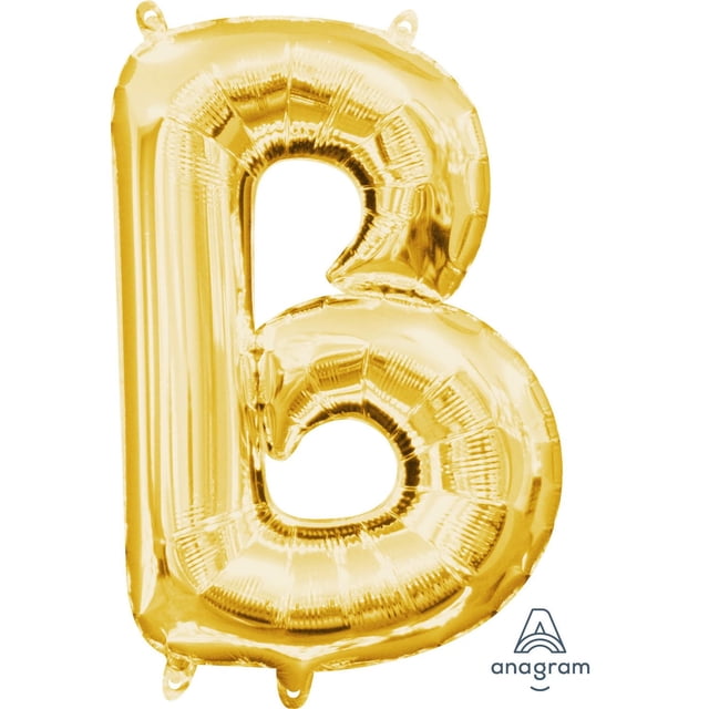 Anagram International Party-Eh! Gold Letter B Balloon, a gold foil balloon shaped as the letter B with inflation tabs, designed to inflate without helium for party decoration and celebration use.