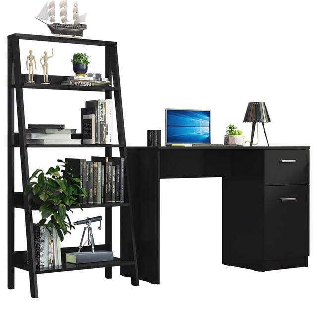 Madesa 2-Piece Home Office & Study Furniture Set: 43" Compact Computer Desk with Storage and Drawer + 24" 5-Tier Ladder Shelf for Pantry, Books, & Utilities – Black