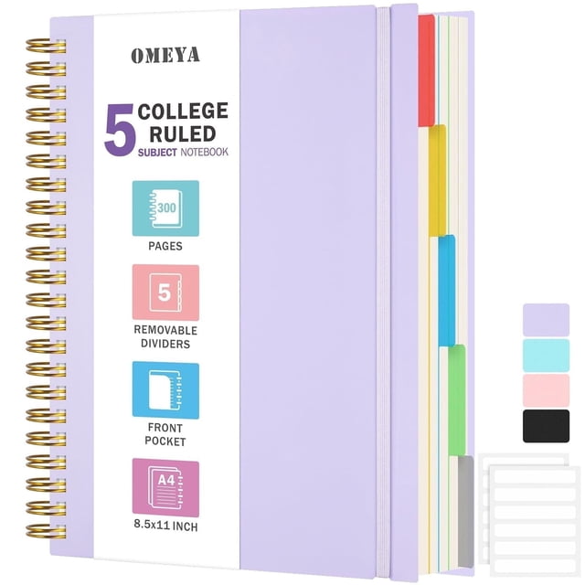 OMEYA 5 Subject Notebooks College Ruled, Spiral Notebook 8.5 x 11in with Dividers, featuring a lavender waterproof PVC plastic softcover, gold twin spiral binding, and five removable coloured dividers. Includes 300 pages of 100GSM thick, no-bleed paper with a college-ruled format. Comes with 12 adhesive labels for organization. Suitable for work, campus, or personal journaling.