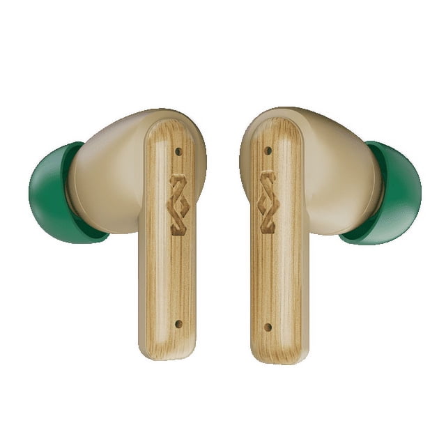 House of Marley Little Bird Véritables Écouteurs Sans Fil Fabriqués à Partir de Bambou et de Plastiques Recyclés, avec Embouts Verts. Ces Écouteurs Durables Offrent 6 Heures d'Écoute, Extensibles jusqu'à 24 Heures avec l'Étui de Recharge. Inclut des Commandes Tactiles Intuitives, un microphone Intégré, une Recharge Rapide USB-C et des modes pour les Films et les Jeux. Livré avec des gels d'Oreille à Codage de Couleur Petits, Moyens et Grands.