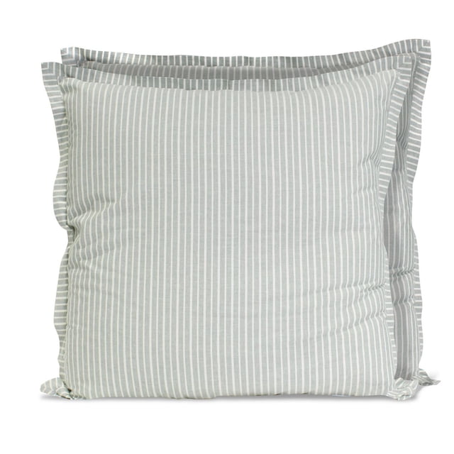 Hometrends 2 Pack Pinstripe Euro Pillow with two square European pillows in grey and white vertical pinstripes, made of 100% cotton with polyester fill and tailored edges, suitable for bedding or sofa decoration.