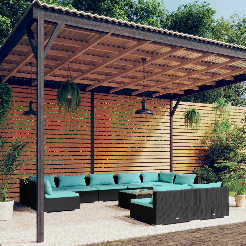 vidaXL 10 Piece Garden Lounge Set with Cushions Black Poly Rattan