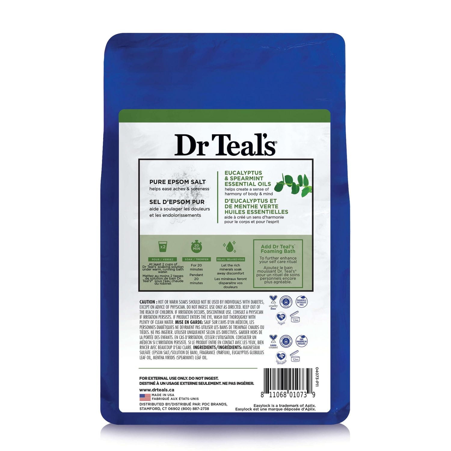 Dr Teal's Solution de bain au sel d'epsom pur, Relaxe et Soulage d'Eucalyptus et de Menthe Verte Huiles Essentielles, 1.36kg