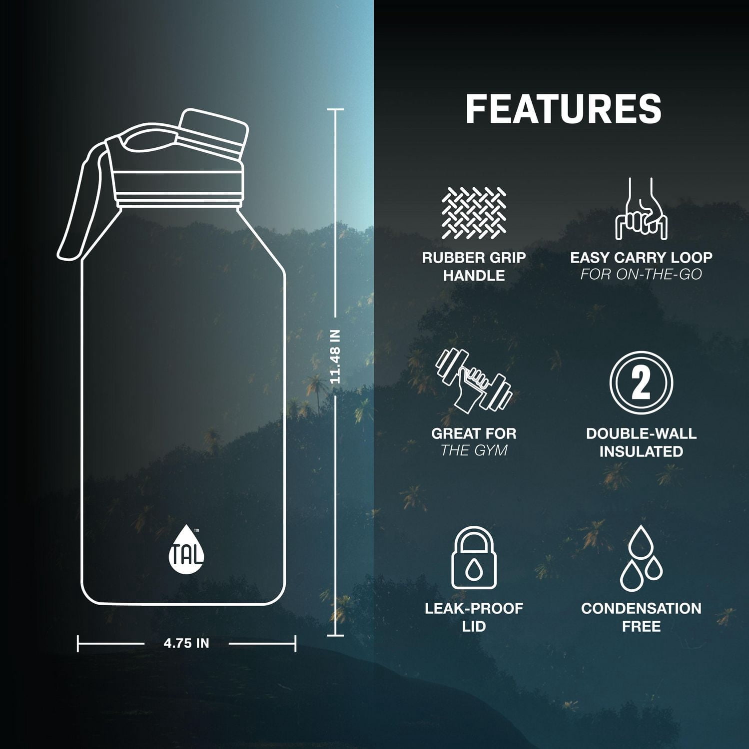 TAL Ranger Bouteille d'eau en acier inoxydable 1,8 l, Noir
