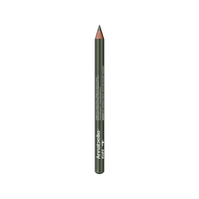 Annabelle Metallic Kohl Long-Lasting & Intense Vegan Eyeliner pencil in dark green with white branding text, sharpened tip for precise eye makeup application, featuring a smooth, solid formula with intense colour payoff, suitable for sensitive eyes and contact lens wearers.