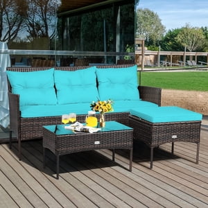 Gymax 3PCS Patio Rattan Sectional Conversation Furniture Set w/ Turqouise Cushions