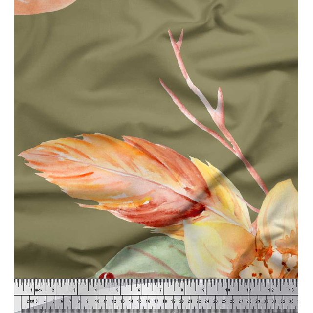 Soimoi Green Rayon Fabric Leaves & Peach Floral Decor Fabric Printed BTY 56 Inch Wide