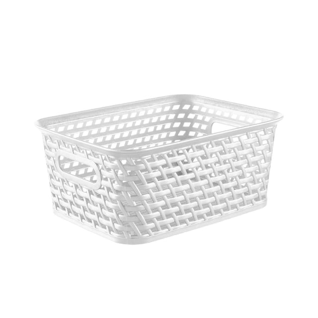 Panier Mia en Résine Blanche à texture Tissée comme alternative durable à l'Osier, Rectangulaire avec Bords Arrondis et Poignées Latérales pour un Transport Facile, Idéal pour le Rangement et l'Organisation dans les Cuisines, Chambres Ou Salles de Bain, Convient Aussi à l'Exposition sur Étagères Ouvertes.