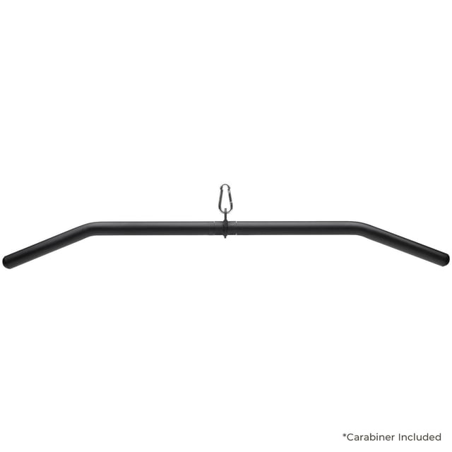 Sunny & Health Fitness LAT Pulldown Bar Attachment in black steel with angled ends and central carabiner, designed for pulley cable machines to perform back, bicep curl, tricep press down, and rowing exercises in home gyms.