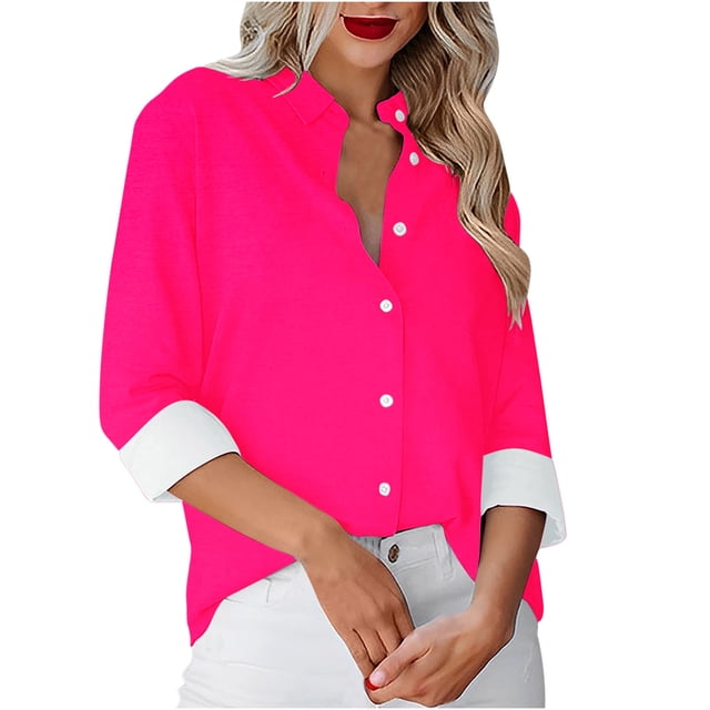Besolor Button Down Shirts for Women Solid Color Long Sleeve Colared Tops Loose Office Blouses for Casual Work