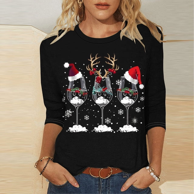 Amzcrzy Hauts pour Femmes T-Shirts Graphiques de Noël pour Femmes Mode Xmas Col Rond Manches 3/4 Hauts pour Femmes Décontractés Confortables Hauts d'Automne pour Femmes