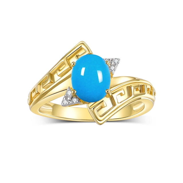 RYLOS Rings for Women 14K Yellow Gold Greek Key Designer Ring 9X7MM Gemstone & Diamond Ring December Turquoise Jewelry Size 6