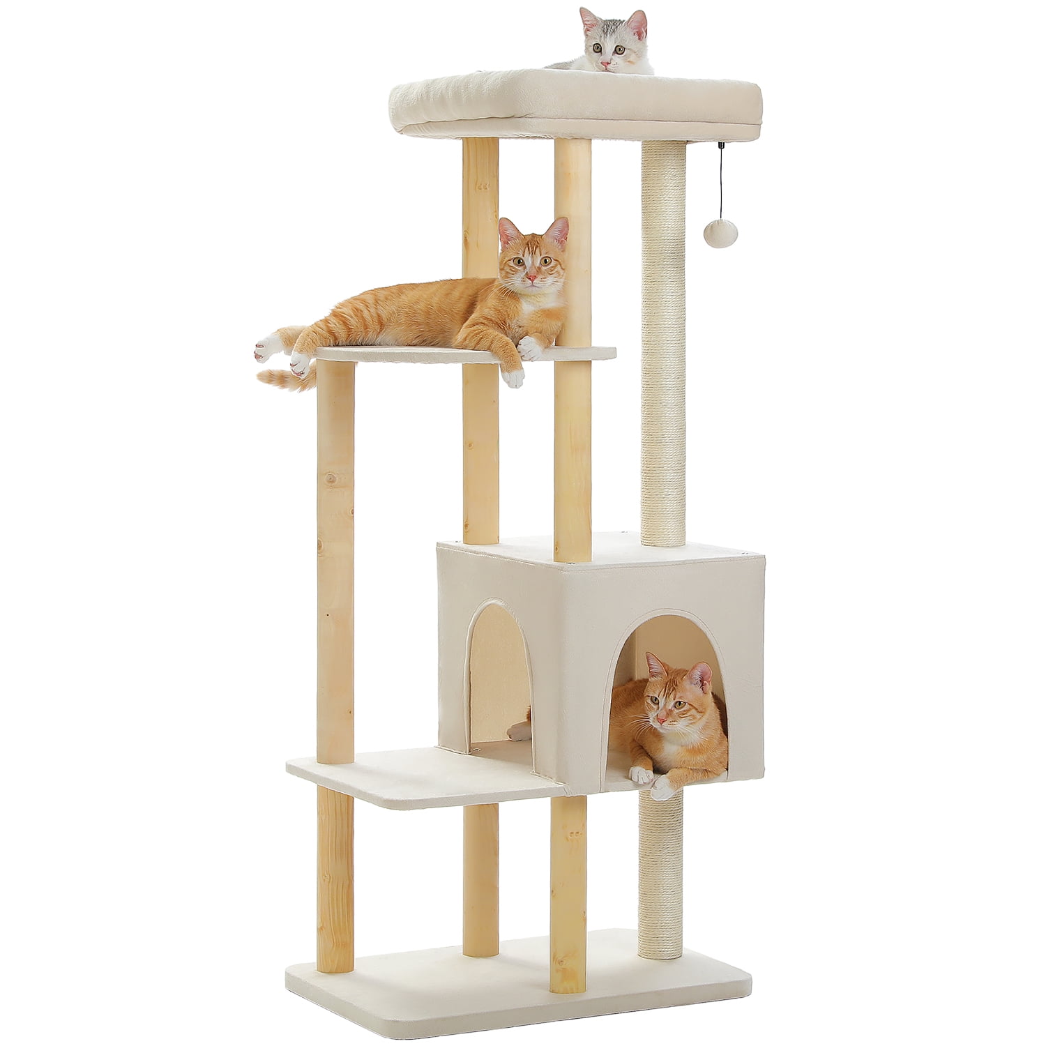 PAWZ Road 53" Large Cat Tree Modern Wooden Cat Tower for Indoor Cats with Natural Wood Posts Beige