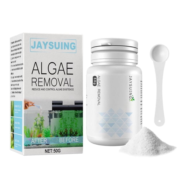 CEHVOM Algae Removal product displayed with its packaging, a white container labeled 'Algae Removal 50g,' a small white scoop, and a pile of white powder. This algaecide effectively kills and inhibits the growth of green, rope, hair, and grass algae, making it ideal for aquarium algae treatment and ornamental ponds. Packaging highlights before-and-after results for algae control in small water features.